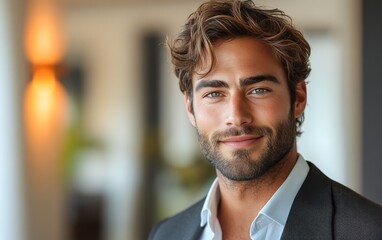 Fototapeta premium Confident businessman with a suit and a smile in a office background, He looking at the camera