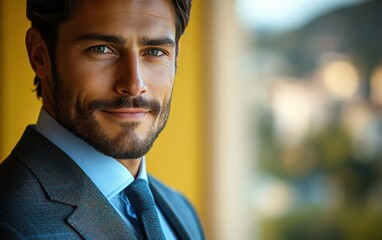 Confident businessman with a suit and a smile in a office background, He looking at the camera
