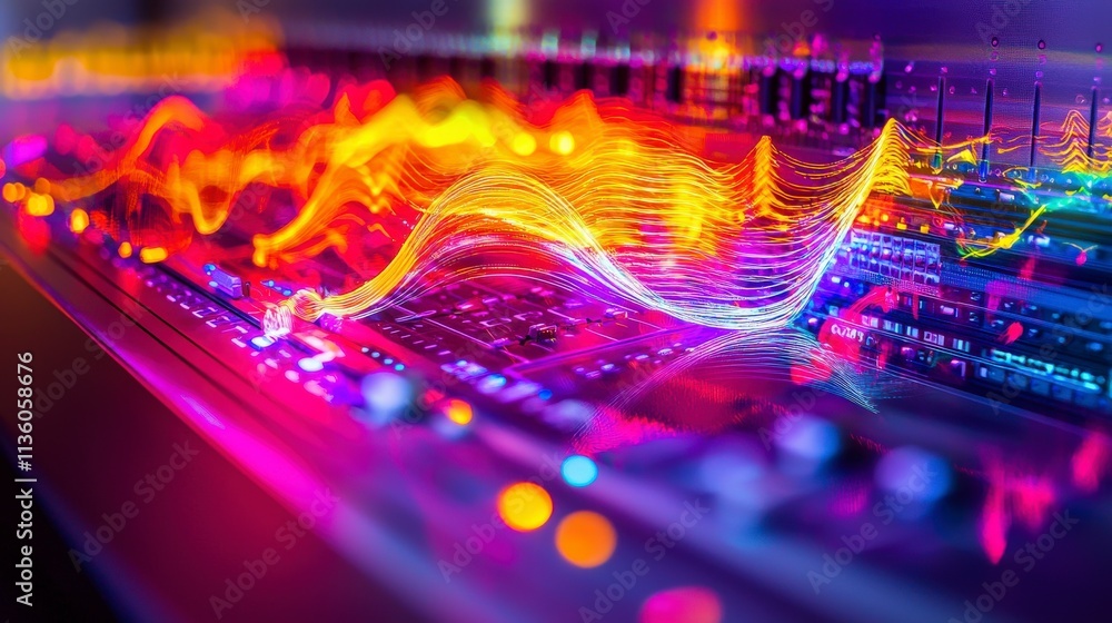 Poster Dynamic audio innovation studio visual waveform art in a modern sound exploration environment