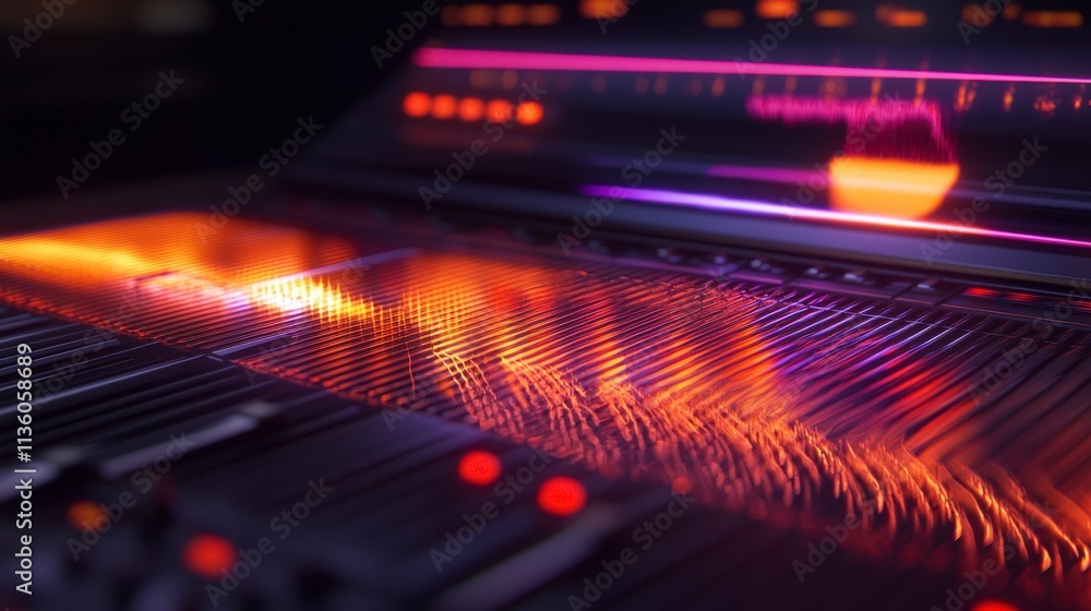 Poster Modern audio recorder closeup vibrant visuals studio environment high-tech interaction creative sound design