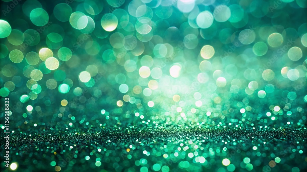 Poster blurred motion jade green glitter bokeh background with left-sided main subject and ample copy space
