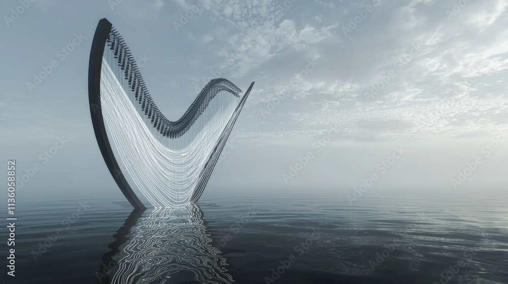 Poster Sound waves emanating structure in tranquil waters concept art serene environment futuristic viewpoint