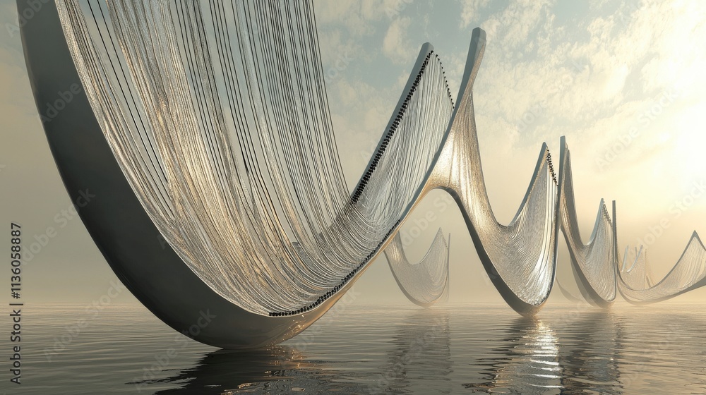 Poster harmonious sound waves structure in serene waters architectural art installation dreamlike environme