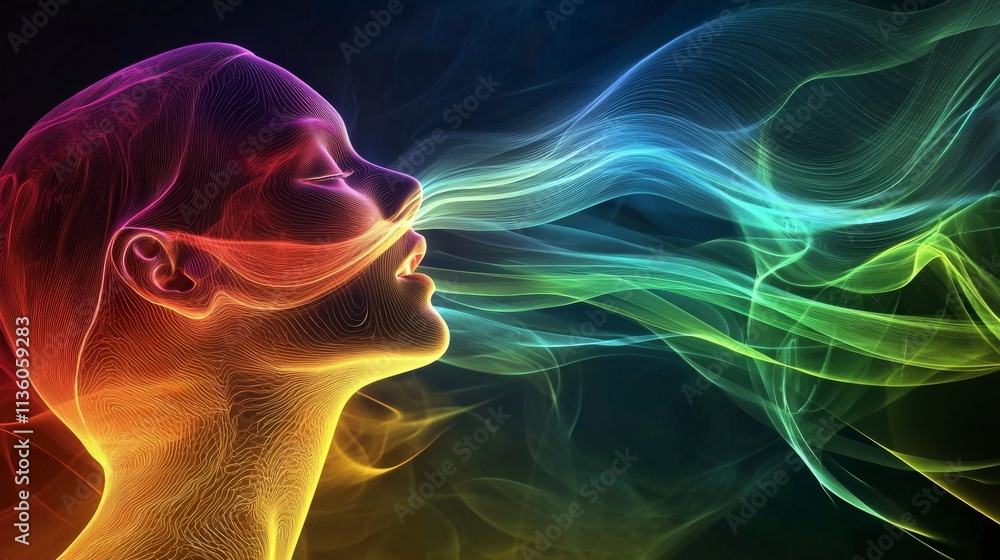 Poster illustrating a narrator's voice colorful abstract art and fluid dynamic waves in a unique digital si