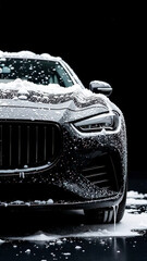 modern stylish car in foam on a car wash on dark background with copy space. car care banner with place for text minimalism. no people. self-service car wash. vertical photo.