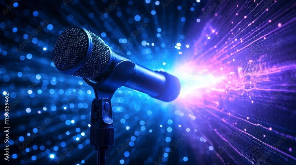 Poster microphone emitting sound waves in an open space digital art technology environment vibrant viewpoin