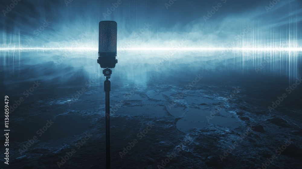 Poster Dynamic microphone performance in vast open space visual art atmospheric setting creative concept