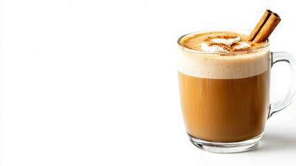 Creamy chai latte in glass cup topped with cinnamon and foam