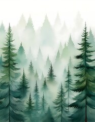 Obraz premium Foggy spruce forest pattern with scattered fir trees under misty gradients in serene nature. Generative AI