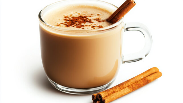Creamy chai latte in glass cup with cinnamon stick garnish, warm and inviting