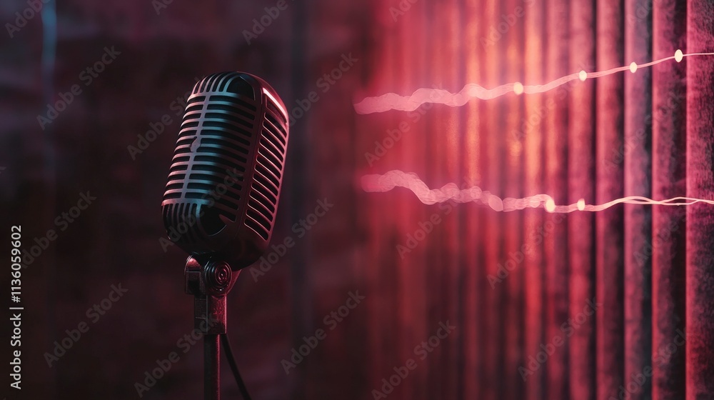Aufkleber live narration with clear audio waves studio setting microphone close-up vibrant lighting dramatic p