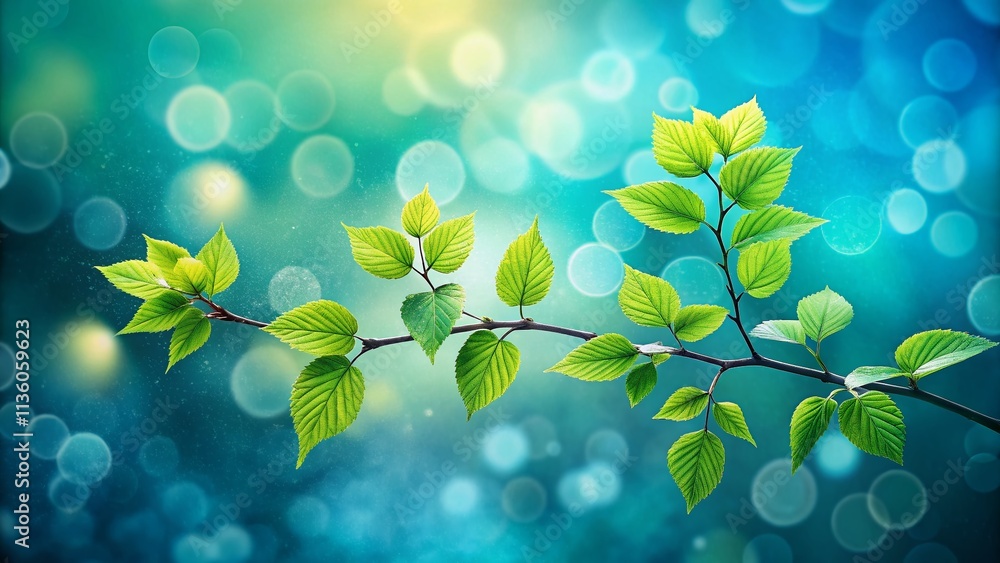 Poster bokeh effect of green leaves on twig against a soft blue background, capturing nature's serenity and