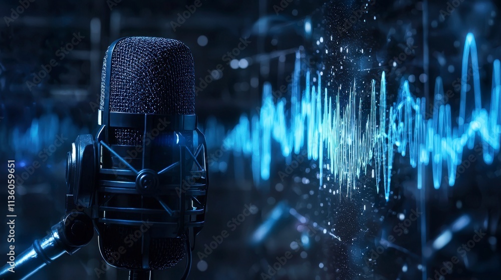 Poster Narrator with microphone captures clear audio waves in technology studio vibrant sound visualization engaging perspective