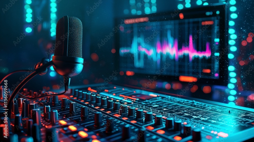 Poster Dynamic audio recording setup with microphone modern studio visual content digital environment close-up perspective