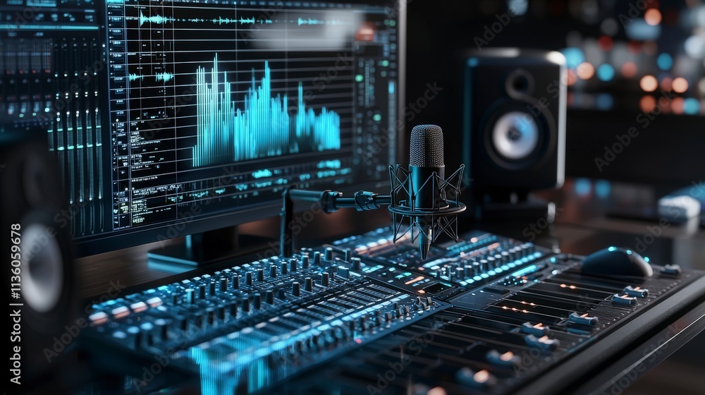 Poster Minimalist recording setup with microphone and equipment home studio technology modern environment close-up view