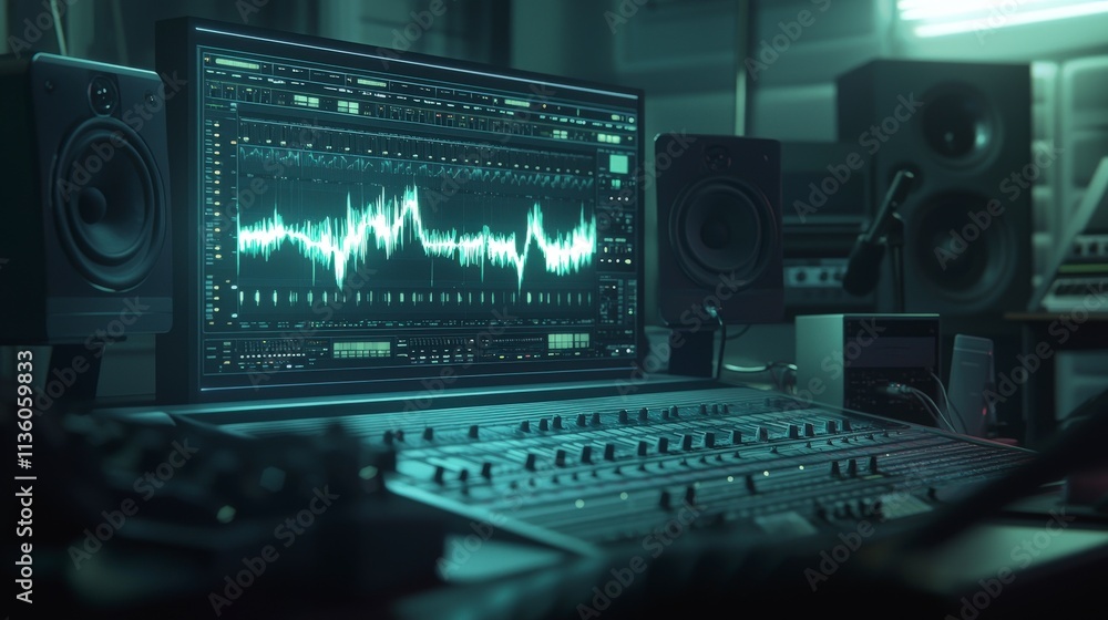 Poster state-of-the-art recording console showcase music studio digital media modern environment close-up v