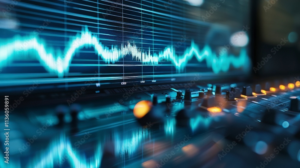 Poster Innovative sound engineering techniques visualizing recording console control in a professional studio environment