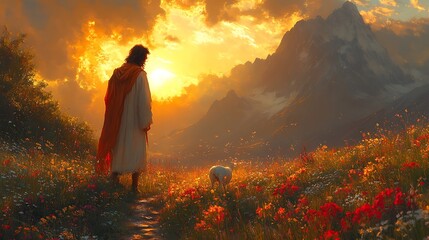 Obraz premium Jesus Walks Towards Sunset With A Lamb