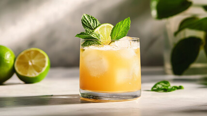 Fototapeta premium Refreshing cocktail with mint and lime garnish, perfect for summer
