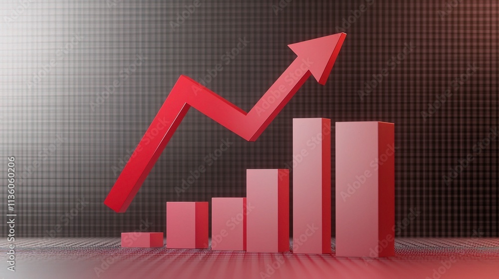 Poster red arrow pointing upwards alongside bar chart on grid background