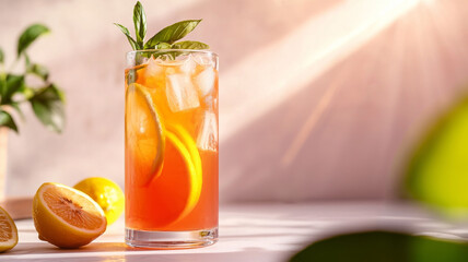 Refreshing iced tea with lemon slices and mint leaves in glass