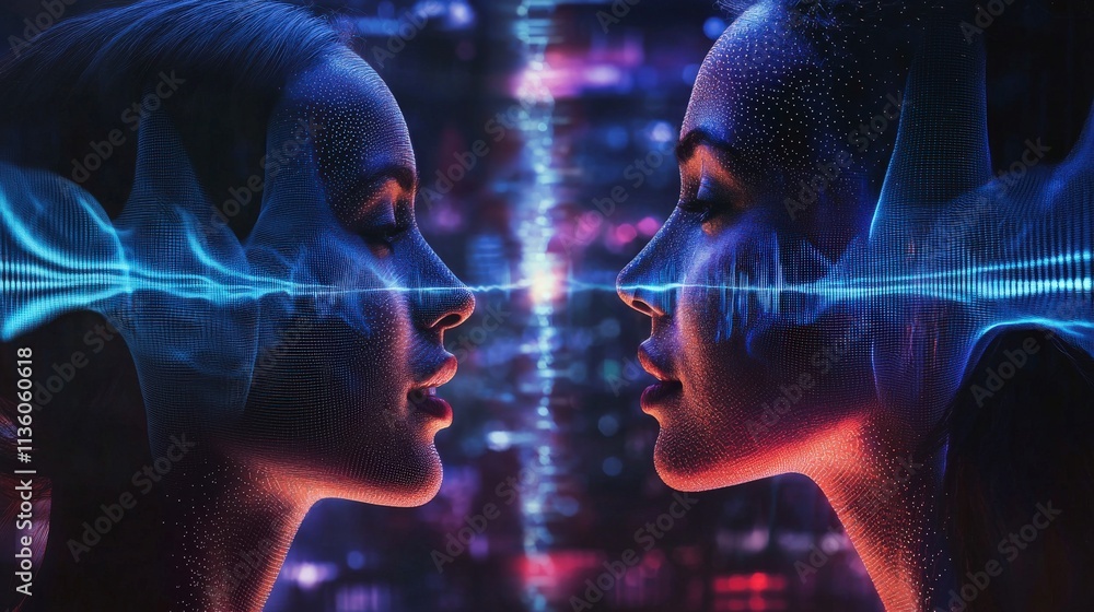 Poster digital visualization in an urban setting closeup of two individuals articulating clearly in a futur