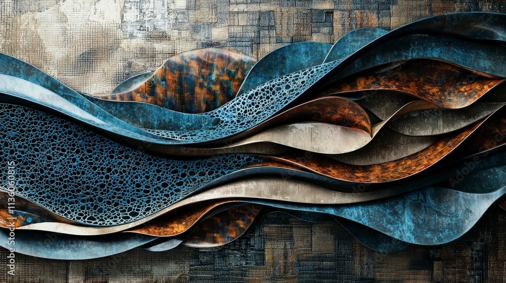 Poster Elegant sound waves and unique patterns in modern art installation urban gallery abstract design contemporary setting