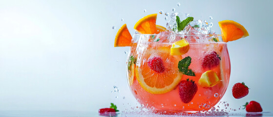 Refreshing tropical punch in large glass with fruits and splashes