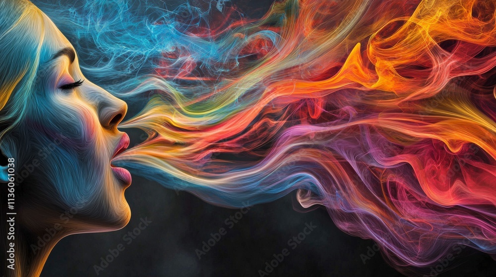 Poster Dynamic colorful waves emanating from a speaker's mouth creative art digital illustration abstract environment