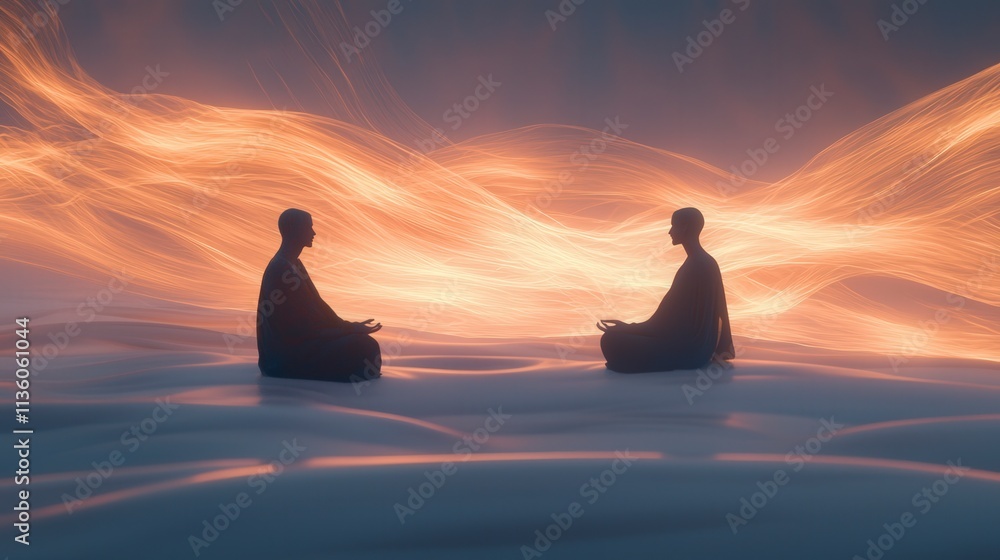 Poster Meditative connection between two individuals ethereal space digital art abstract environment side view light interaction