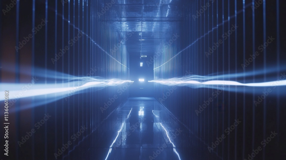 Poster Dynamic sound waves emanating through a tech corridor science experiment futuristic environment abstract viewpoint