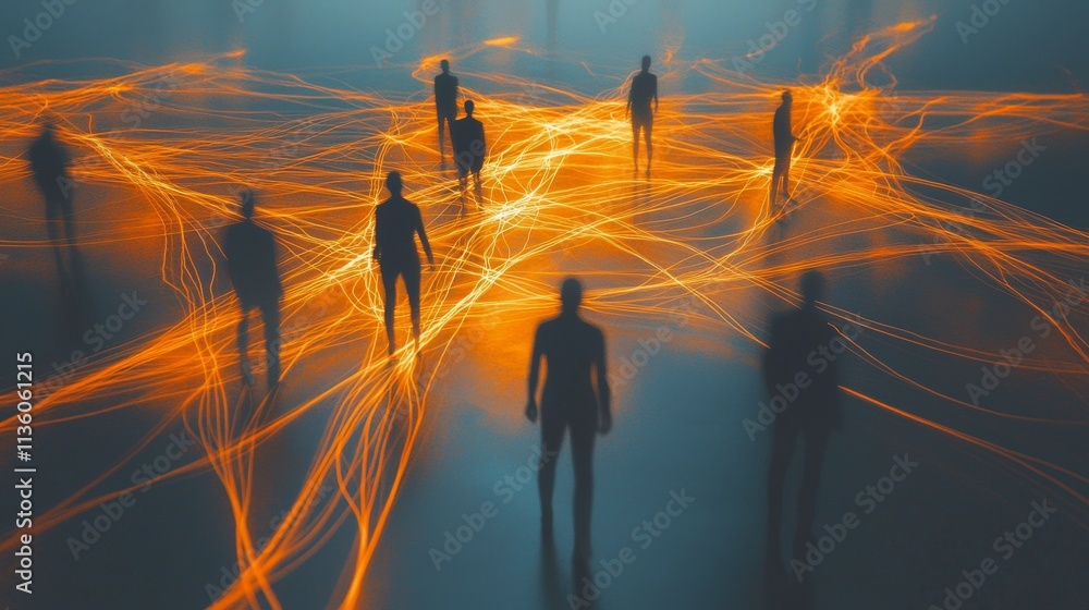 Poster soft rhythmic pulses of light connecting people in an industrial setting digital art abstract enviro