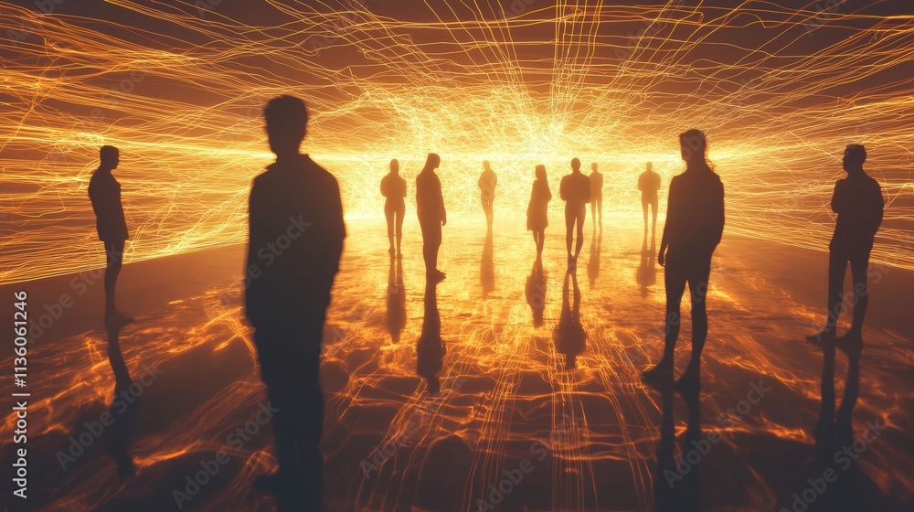 Aufkleber Illuminating connections people gather amidst pulsing light in a digital oasis artistic installation abstract intimate view