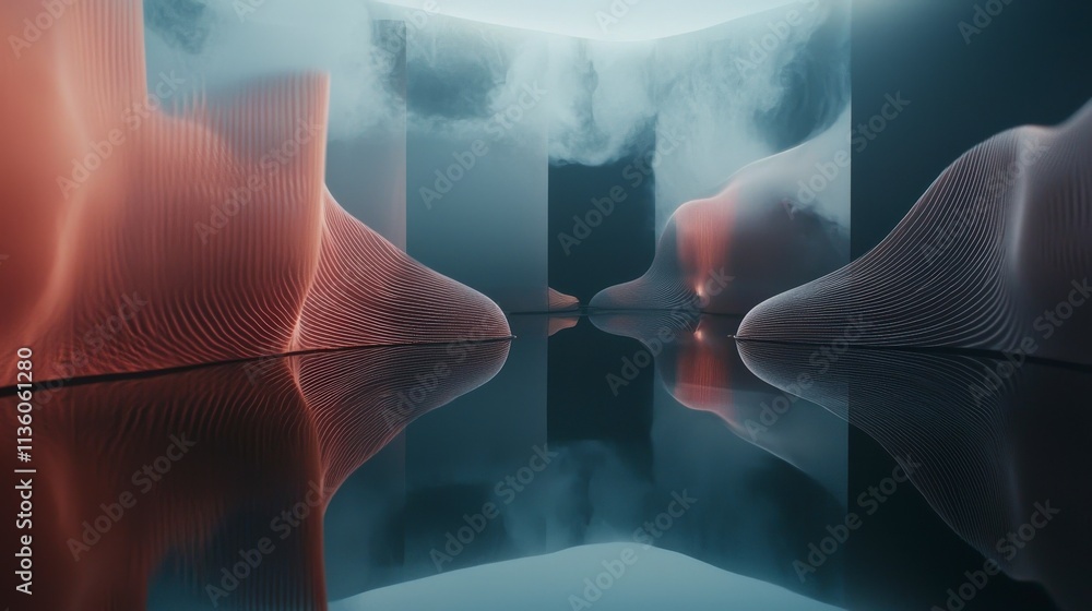 Aufkleber soft warm sound waves flowing between speakers in a digital space abstract art modern environment co