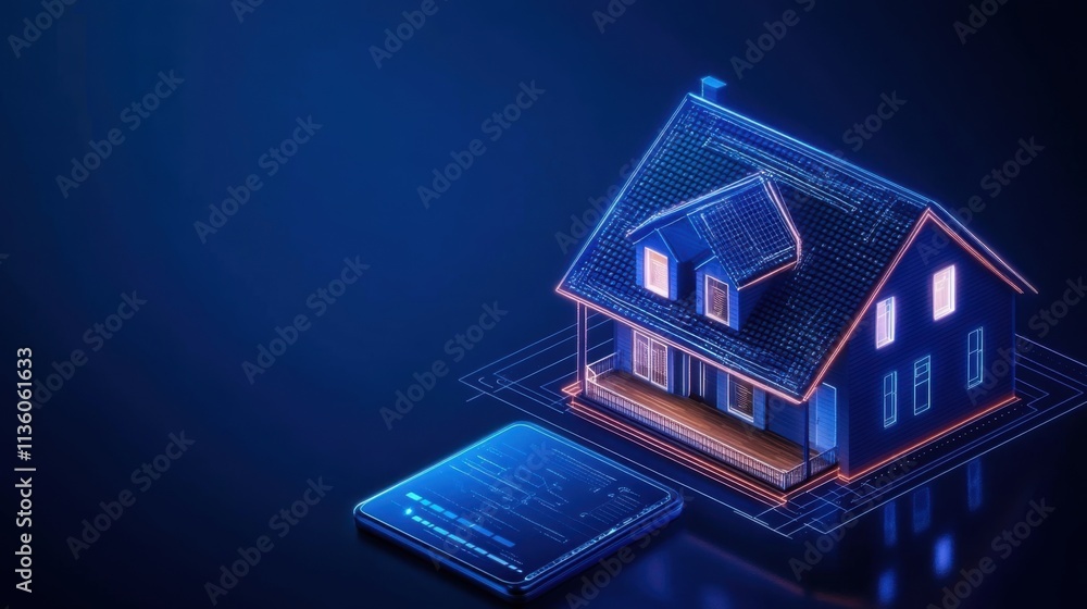 Poster digital house model with smartphone interface showcasing modern home design and technology integrati