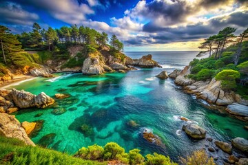 Breathtaking Coastal View with Turquoise Waters and Lush Greenery Captured in Low Light Photography for Serene and Natural Landscapes