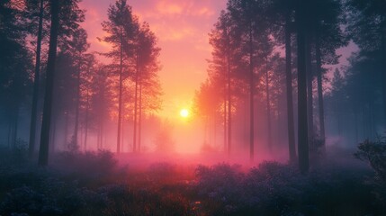 Fototapeta premium Sunset in a Misty Forest: A Serene Landscape