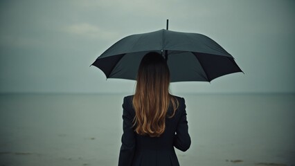 Woman holding a black umbrella is standing with her back to us