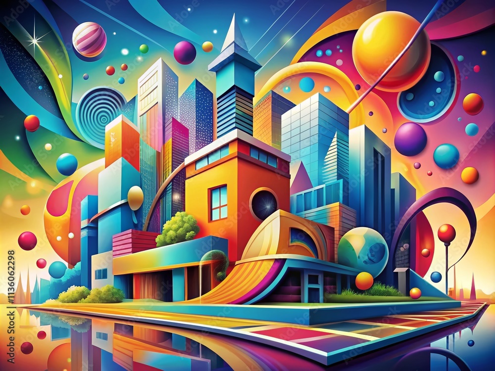 Poster bright abstract architectural background with dynamic shapes and characters in vivid colors, showcas