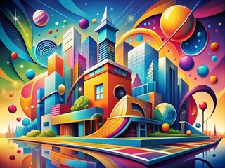 Fototapeta premium Bright Abstract Architectural Background with Dynamic Shapes and Characters in Vivid Colors, Showcasing Modern Design Elements and Artistic Flair for Creative Projects