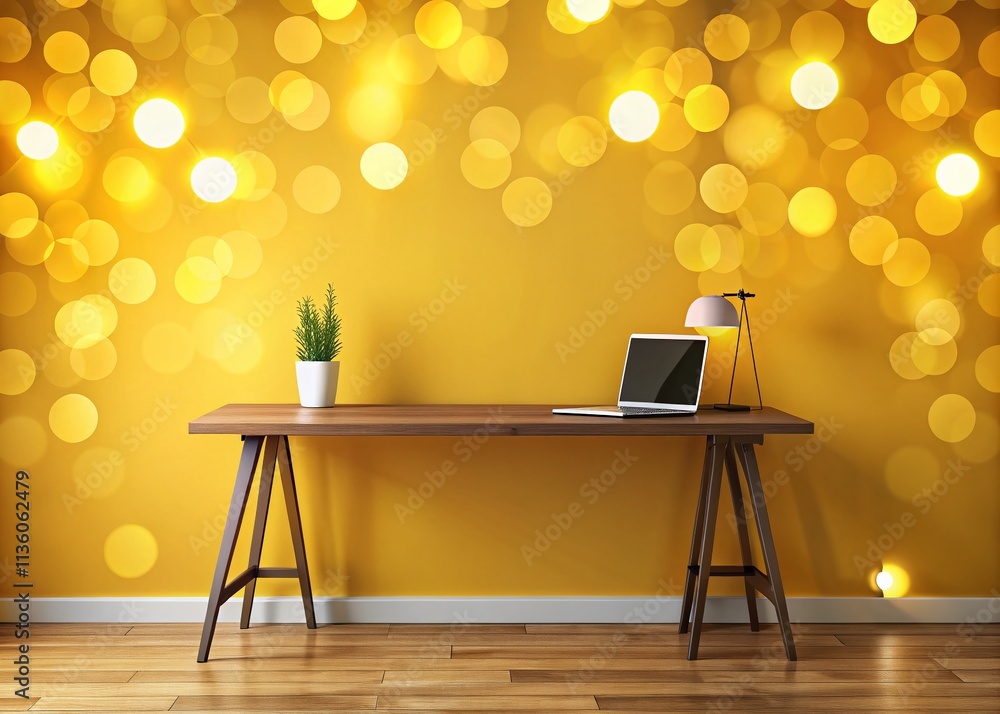 Poster bright and modern workspace stand mockup with yellow background and bokeh effect for creative projec