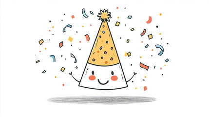 A clean line art of a cheerful party hat with confetti and streamers surrounding it. The hat features a cute smiley face, creating a joyful New Year vibe on a plain white background.