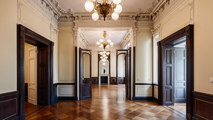 Elegant hallway with ornate molding and parquet flooring