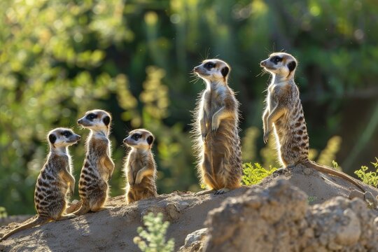 A family of five meerkats stand guard at their burrow, alert and vigilant as they watch their surroundings, A family of meerkats standing guard on their burrow