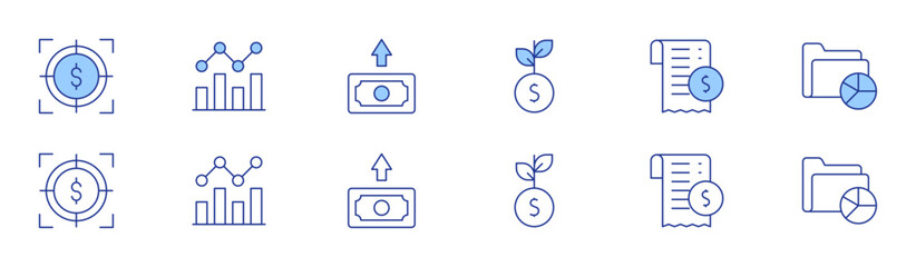 Finance icon set in two styles, Duotone and Thin Line style. Editable stroke. investment, target, transaction history, analytics, fluctuation, money