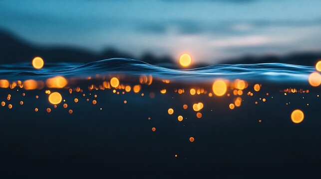 Abstract sea surface lights under dark sky.