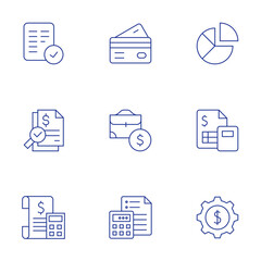 Finance icons set. Thin Line style, editable stroke. accept, atm, audit, briefcase, budget, calculator, data management, finance, gear