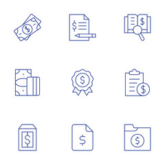 Finance icons set. Thin Line style, editable stroke. account, audit, badge, budget, finance, money, price tag