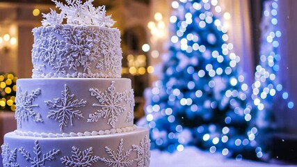 Elegant winter wedding cake adorned with snowflakes beside a beautifully lit Christmas tree