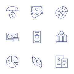 Finance icons set. Thin Line style, editable stroke. allocation, bank, budget, investment insurance, money, online banking, pie chart, profits
